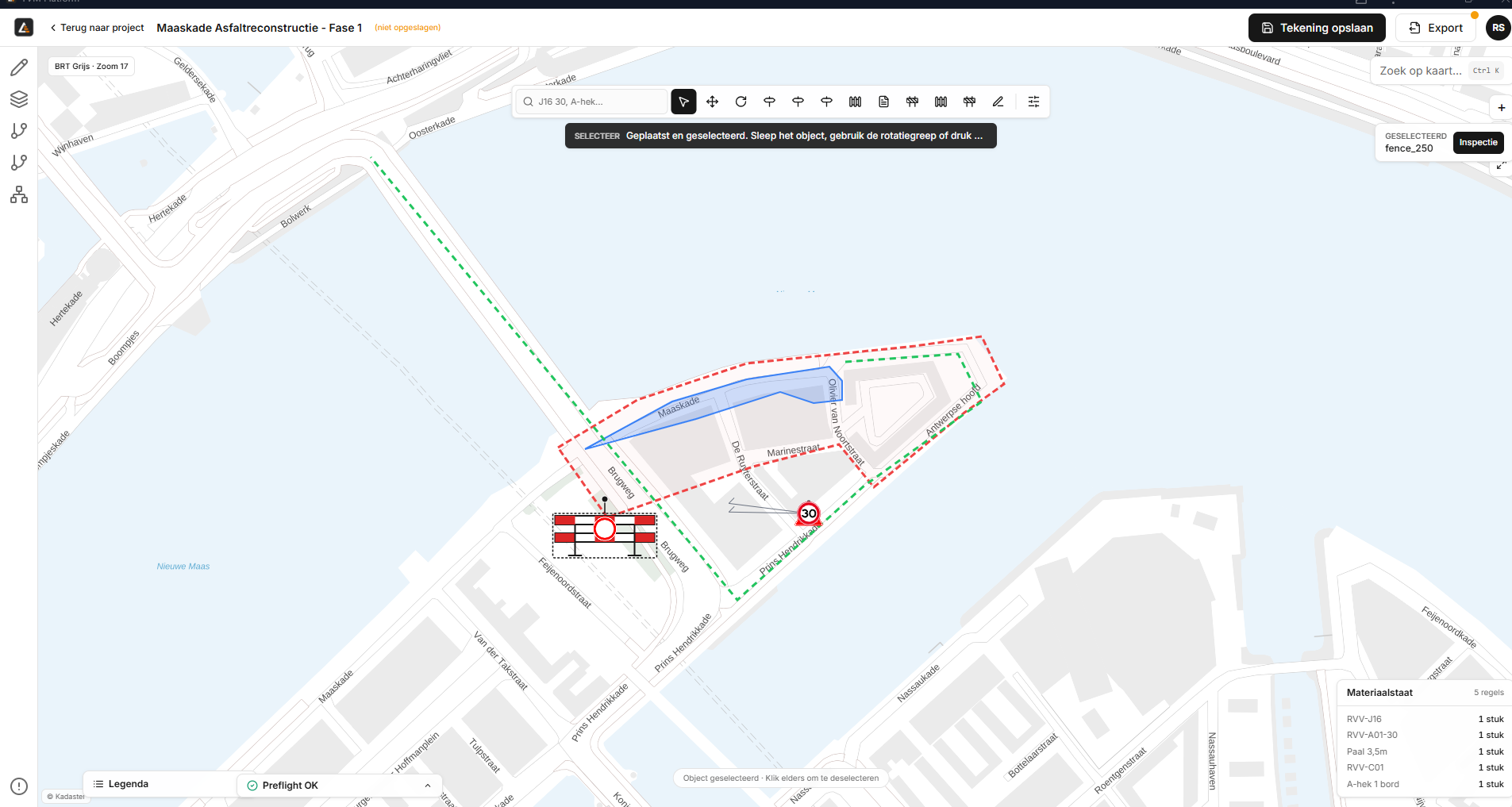 Tekentool met verkeersplan, werkgebied, omleiding en materiaalstaat