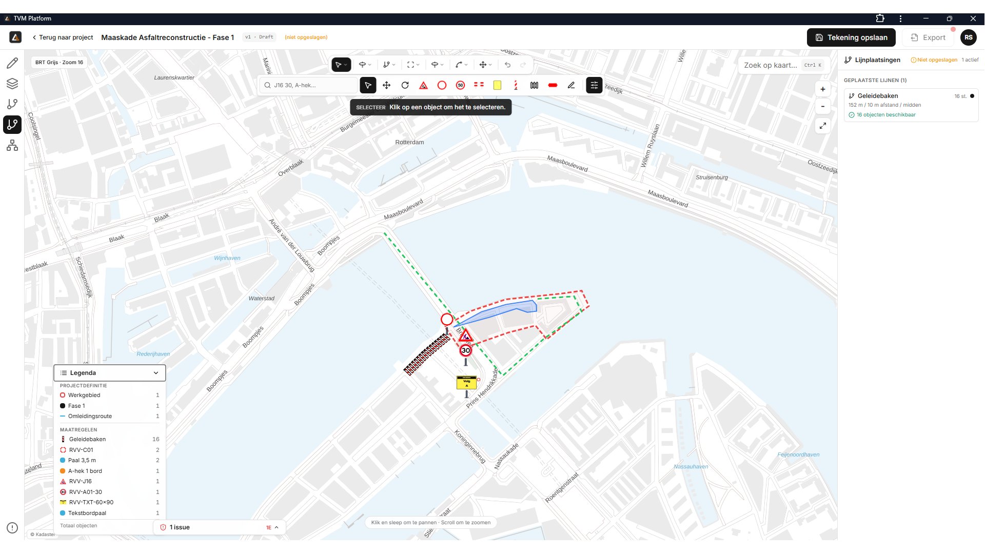 Screenshot van de semantische tekentool van het TVM Platform met een verkeersplan op straatniveau: gearceerd werkgebied, omleidingsroute, geplaatste borden met legenda en een zijpaneel met de live materiaalstaat
