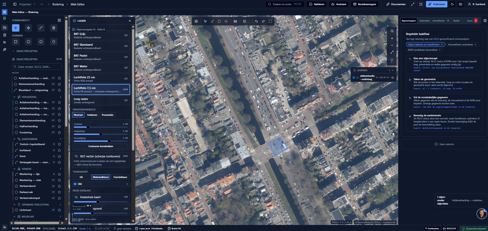 BestekStudio web-editor met luchtfoto-ondergrond, objectrecepten en begeleide taakflow