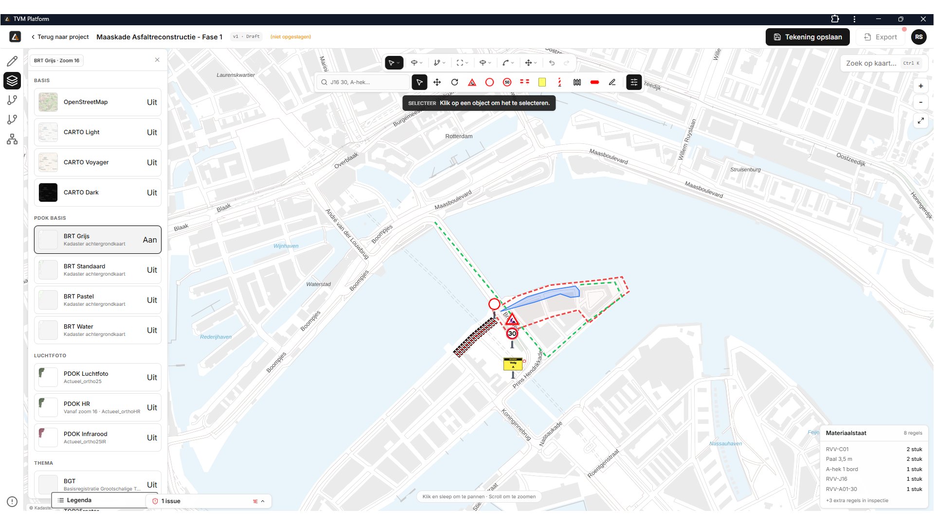 Screenshot van het lagenpaneel in de tekentool van het TVM Platform met selecteerbare achtergrondkaarten: PDOK-luchtfoto, BRT-varianten en BGT, over een verkeersplan