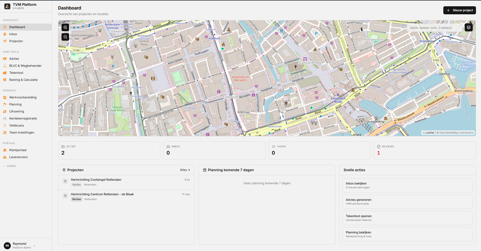 TVM Platform dashboard met kaart, actieve projecten, planning en snelle acties
