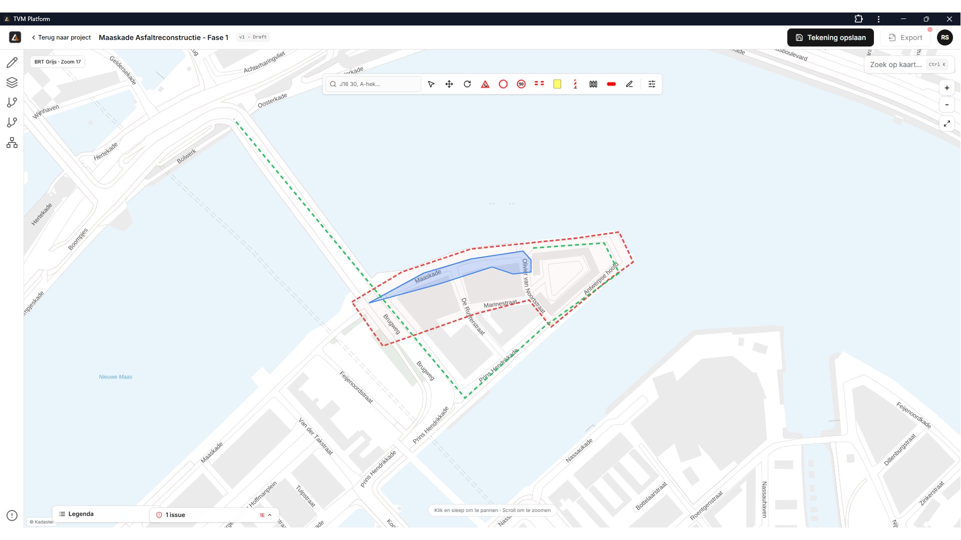 Screenshot van de tekentool van het TVM Platform uitgezoomd op regioniveau met het projectgebied, een afgebakend fasegebied en de omleidingsroute over meerdere wegen, plus een preflight-controle met meldingen