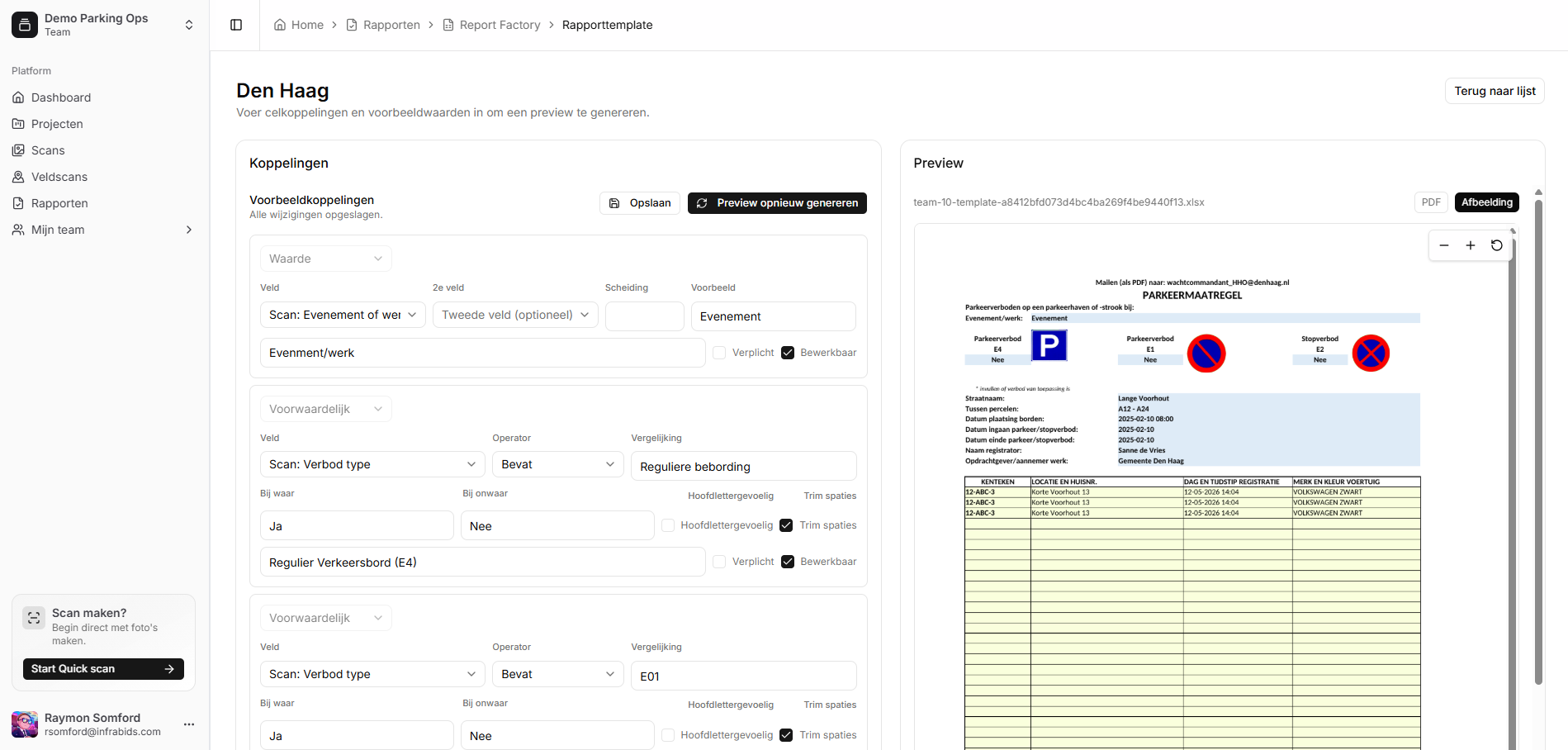 Report Factory van Infrafoto met celkoppelingen links en een live PDF-preview rechts