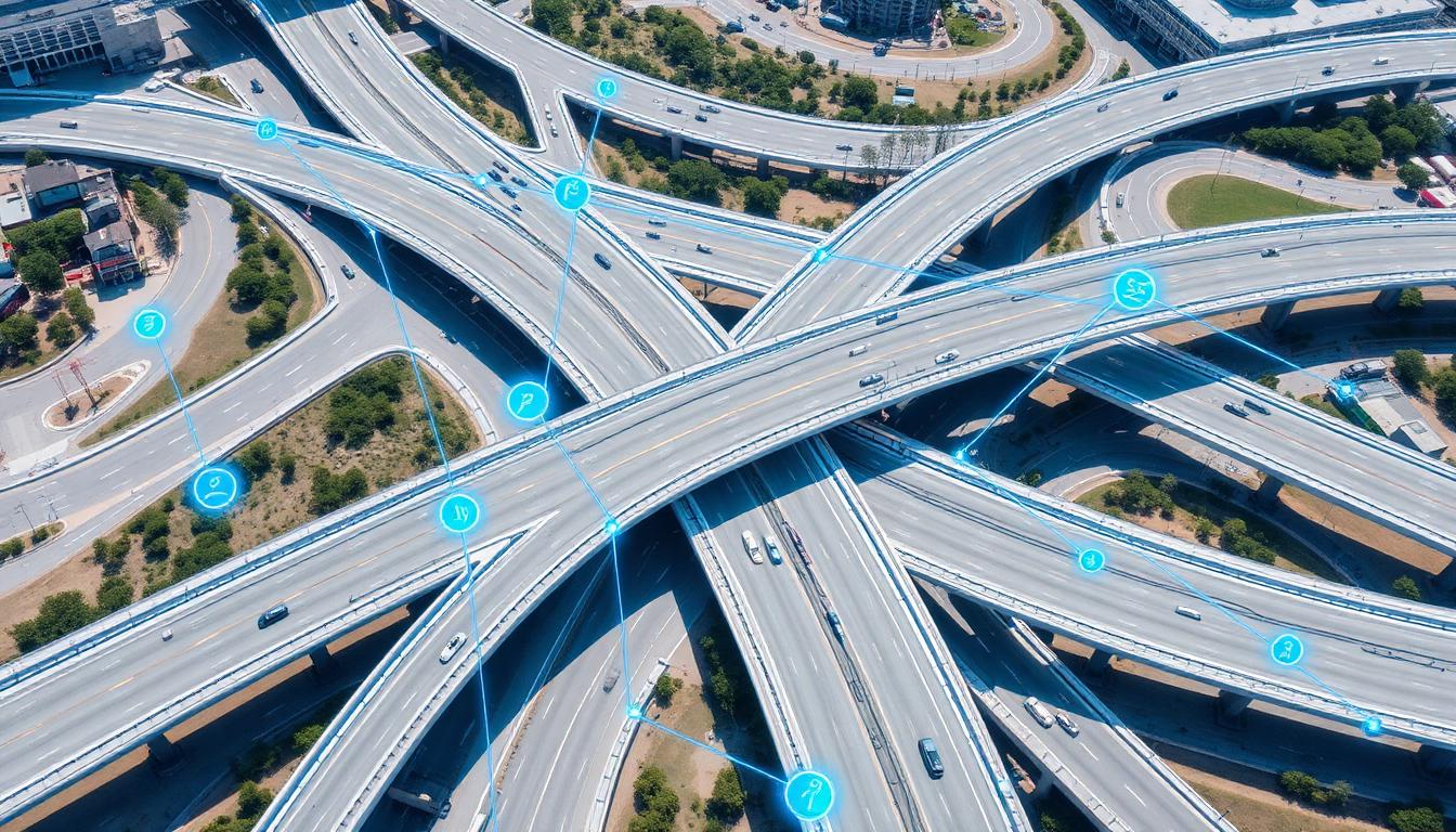 Luchtopname van moderne infrastructuur met digitale data-overlay