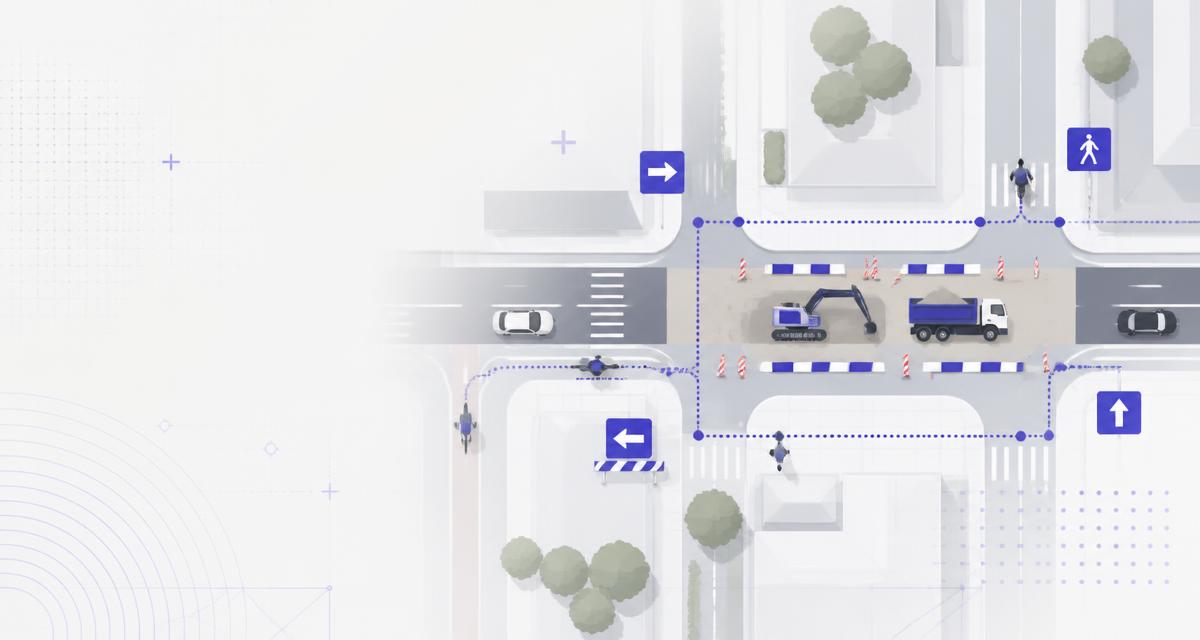 Schematische wegwerkzaamheden met omleiding, voetgangersroute en bebording